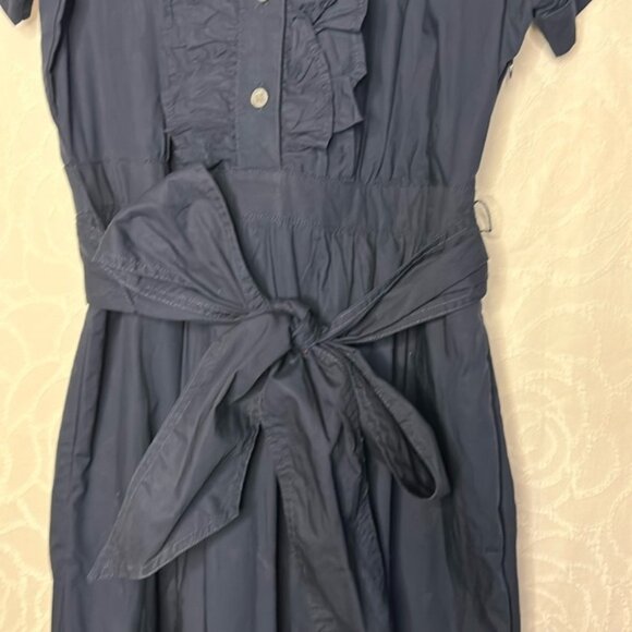 J CREW dark blue cotton maxi dress with ruffles. Large tie belt. Size 8T. - Picture 6 of 12